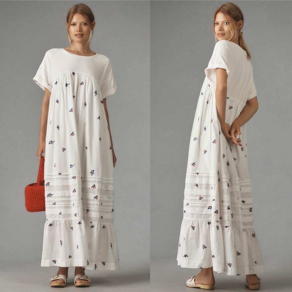 Anthropologie Pilcro  tshirt maxi dress embroidered flowers size small